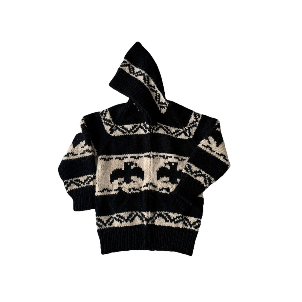 Hand Knit Cowichan Chunky Wool Sweater Thunderbird  Cream/Black Full Zip L/XL